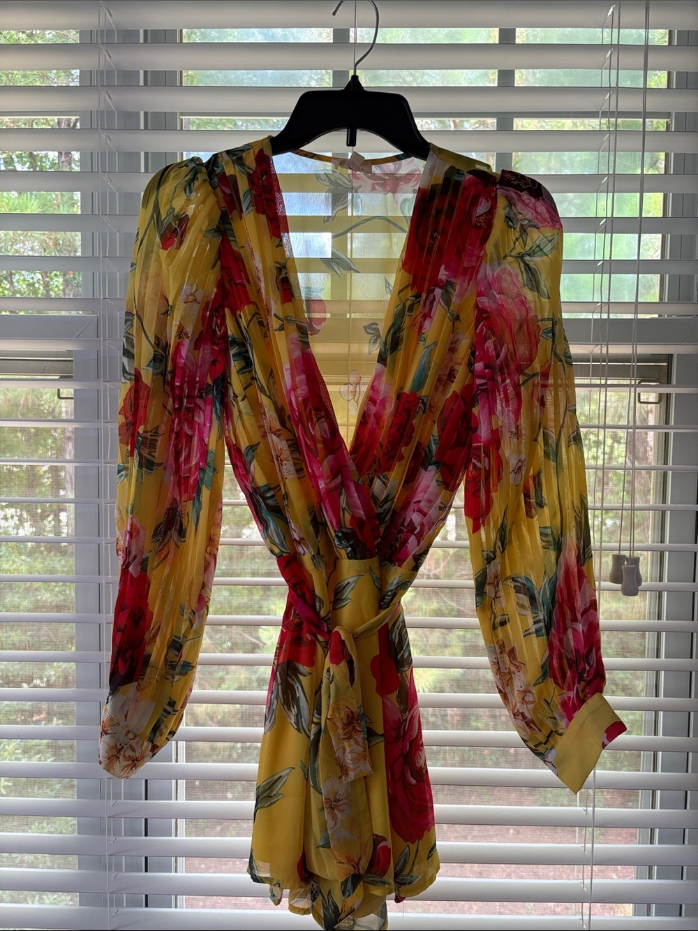 Yellow Floral Wrap Romper with Long Sleeves